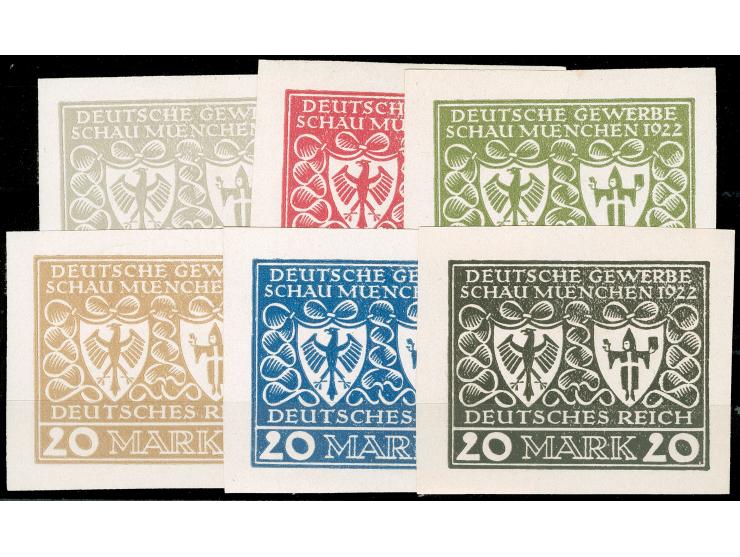 1922, Gewerbeschau München 20 M., sechs verschiedenfarbige Essays im Großformat auf Kunstdruckpapier, ungezähnt, ohne Gummi, 
