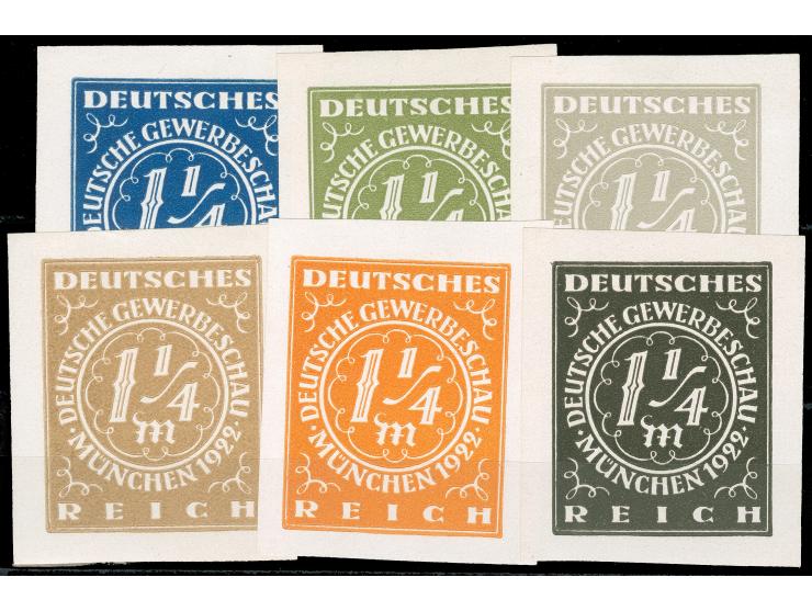 1922, Gewerbeschau München 1 ¼ M., sechs verschiedenfarbige Essays im Großformat auf Kunstdruckpapier, ungezähnt, ohne Gummi,