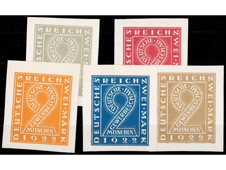 1922, Gewerbeschau München 2 M., fünf verschiedenfarbige Essays im Großformat auf Kunstdruckpapier, ungezähnt, ohne Gummi, Fa