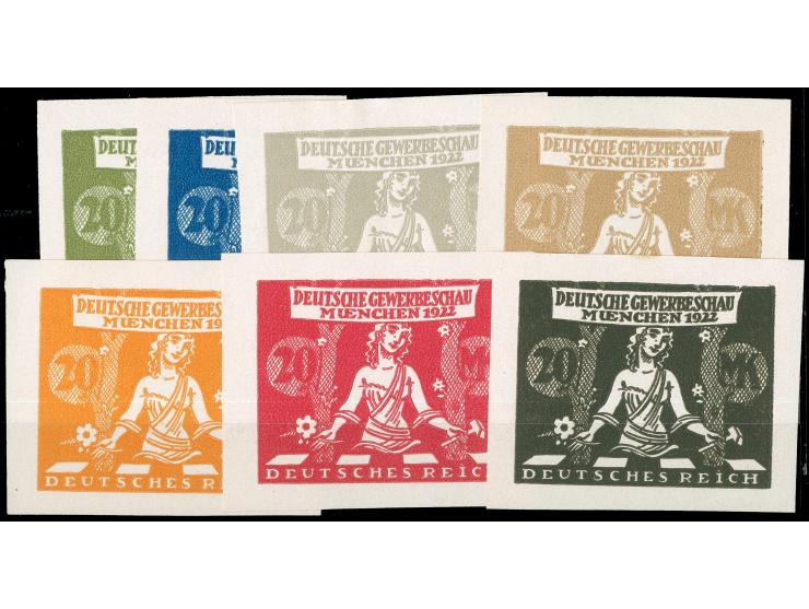 1922, Gewerbeschau München 20 M., fünf verschiedenfarbige Essays im Großformat auf Kunstdruckpapier, ungezähnt, ohne Gummi, F