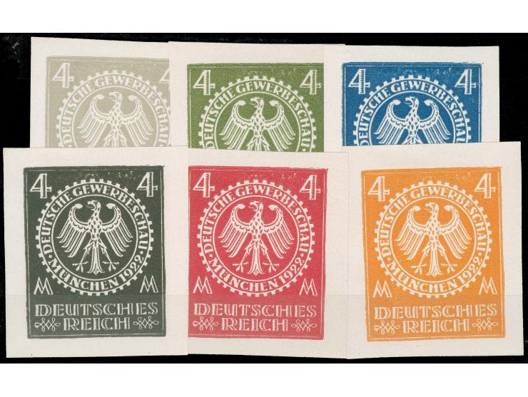 1922, Gewerbeschau München 4 M., sechs verschiedenfarbige Essays im Großformat auf Kunstdruckpapier, ungezähnt, ohne Gummi, F