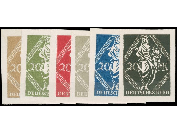 1922, Gewerbeschau München 20 M., sechs verschiedenfarbige Essays im Großformat auf Kunstdruckpapier, ungezähnt, ohne Gummi, 