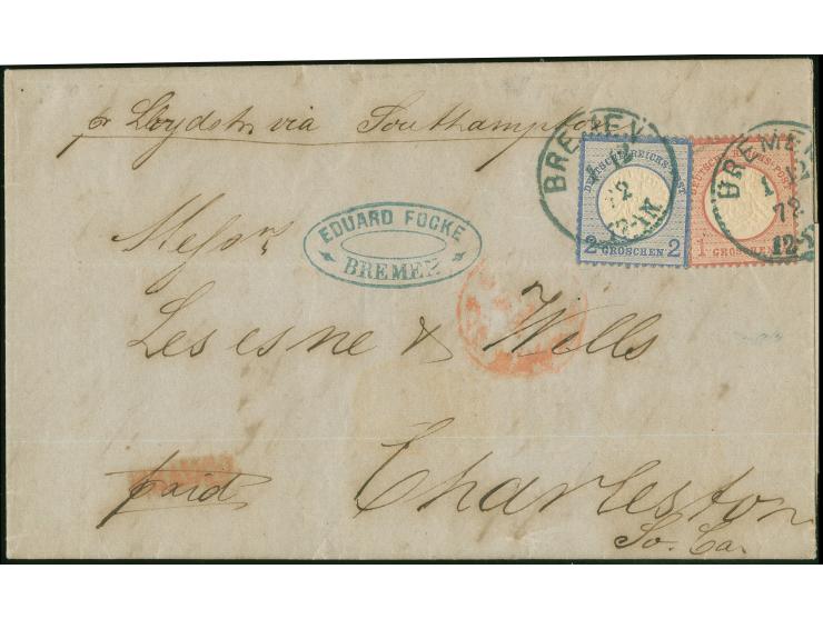 1872, Großer Schild 1 Gr. karmin und 2 Gr. dunkelgraublau, sauber entwertet mit blauem Ekr. “Bremen 1 12 72” auf kpl. Faltbri