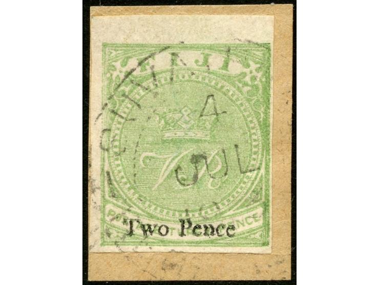 1878/99, 2 d. on 3 d. green on wove paper, top margin, variety imperf, tied to piece by SUVA REGIS. 4 JUL 1913, a very late u