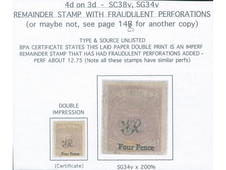 1877, 4 d. on 3 d. mauve, on laid paper with monogram "VR" overprint, unused with part gum, variety ‘double print of mauve co