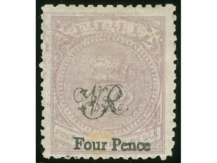 1877, 4 d. on 3 d. mauve, on laid paper with monogram "VR" overprint, unused with part gum, variety ‘double print of mauve co