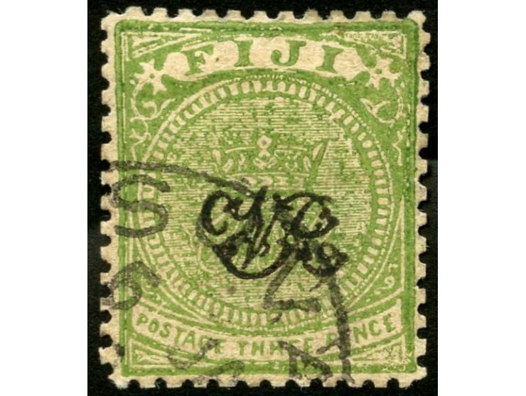 1876/77, Forgery 3 d. yellowish-green, wove paper, with forged monogram "VR" overprint and forged cancellation, perforation 1