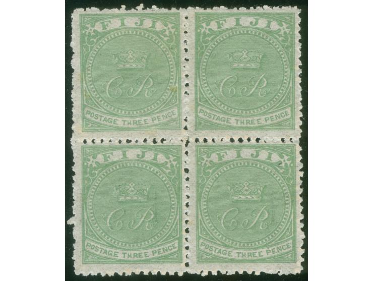 1871, 3 d. yellow-green, unused, two bottom stamps mint never hinged. Fine and scarce. (SG £520).
