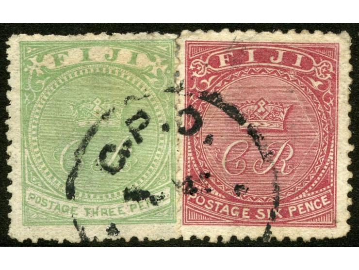 1871, 3 d. yellow-green and 6 d. deep rose, used together with part G.P.O. cancellation, watermark “I. Fine. (SG £700).
