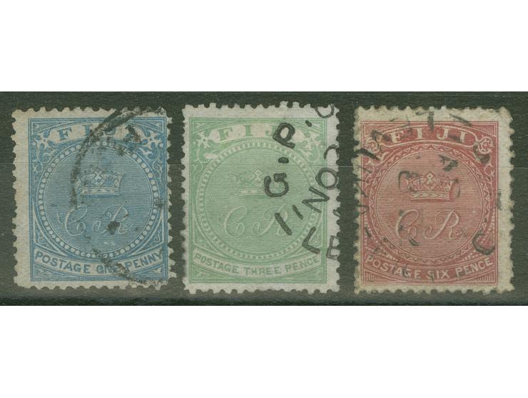 1871, 1 d. blue, 3 d. yellow-green and 6 d. deep rose, complete set with part G.P.O. cancellations. Few short perforations, o