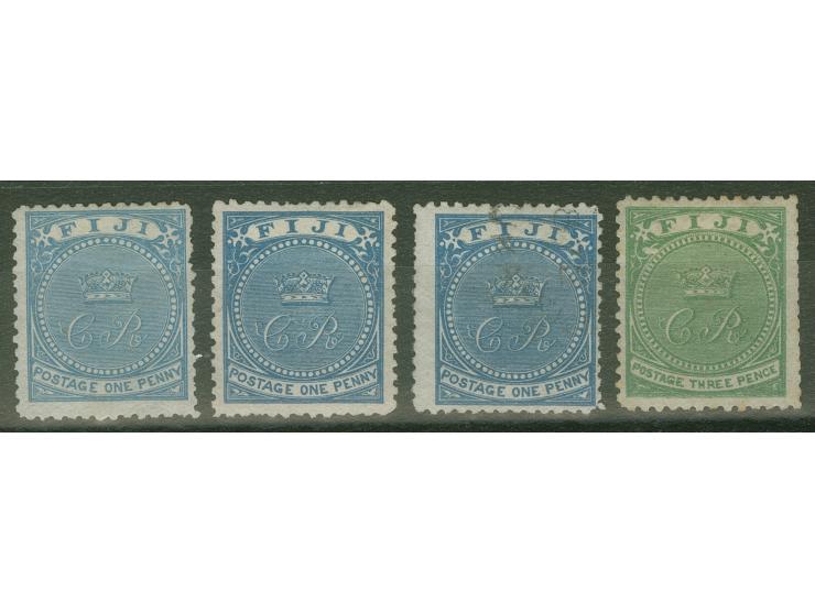 1871, three stamps 1 d. blue, shades, one cancelled, plus 3 d. yellow-green, unused no gum. Few short perforations, otherwise