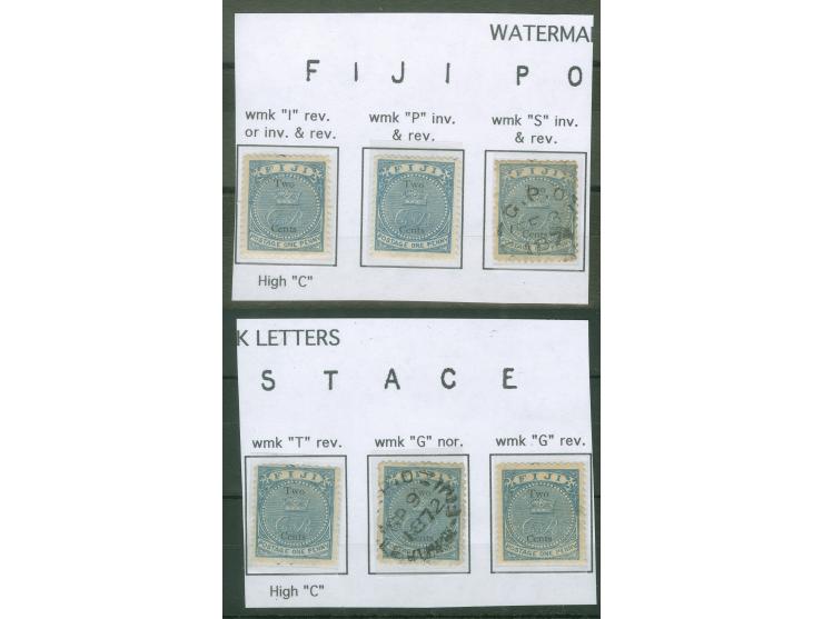 1871, 2 d. on 1 d. blue, six stamps used and unused showing normal and inverted watermark letters “I”, “P”, “S”, “T” and “G”.