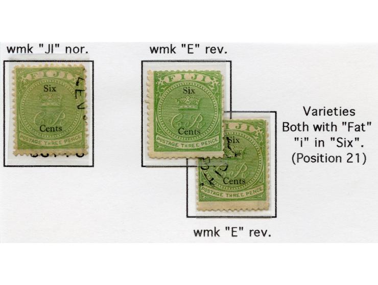 1872, 6 d. on 3 d. yellow-green, three used and unused stamps showing normal and inverted watermark letters “JI” and “E”, var