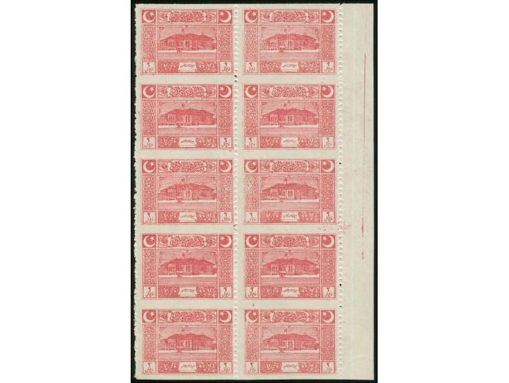 1922, Turkish Grand National Assembly, 3 pi. rose on thick paper, right margin block of ten, mint never hinged, typical cente