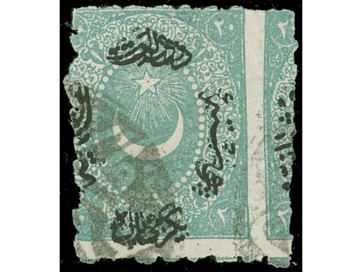 1868, Star &amp; Crescent (Duloz), 20 para green, shifted rough perforation, clear all arabic cancellation, variety ‘black co