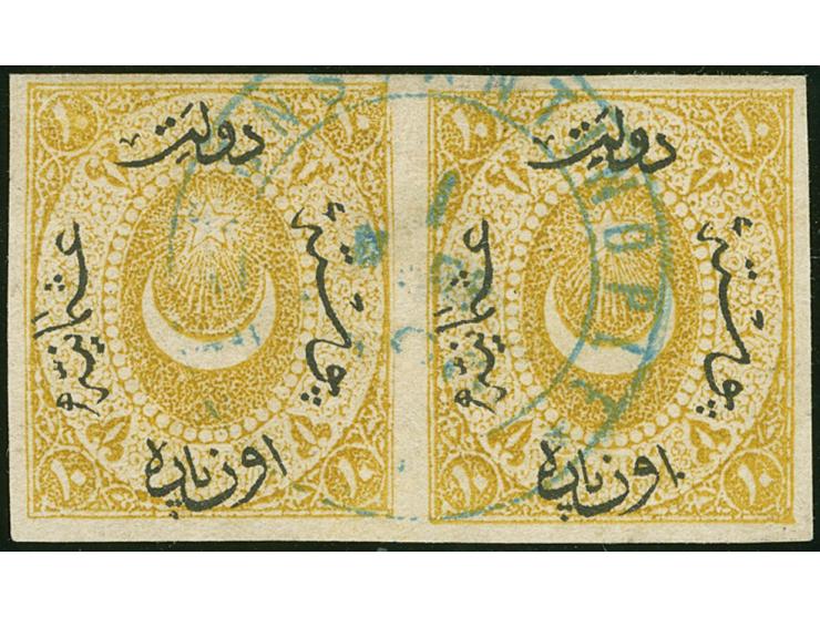 1868, Star &amp; Crescent (Duloz), 10 pa. olive-yellow imperf horizontal pair, blue cancelled "Constantinople", full to wide 