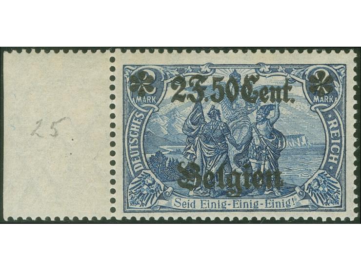 1916, Germania 2,50 F. auf 2 M. schwärzlichblau, „B“ von „Belgien“ mehr oder weniger unter „2“ stehend, 25:17 Zähnungslöcher,