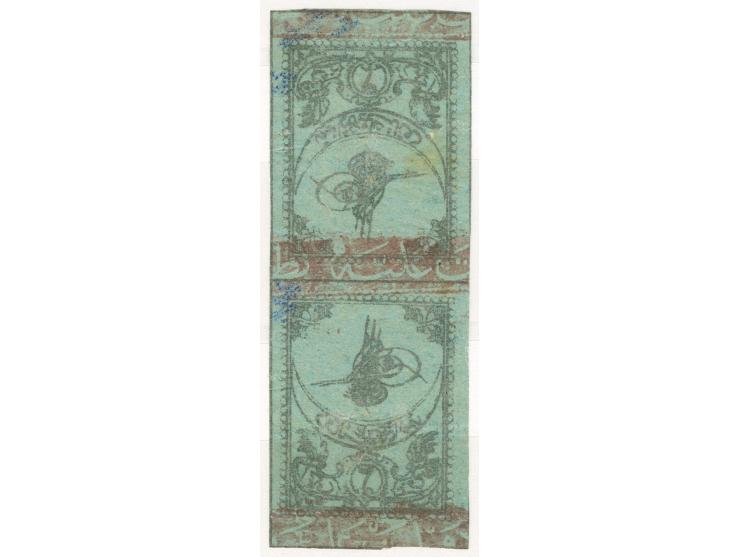 1863, 2 pia. blue tete-beche pair with variety ‘red border printed on reverse’, unused with original gum, full to wide margin