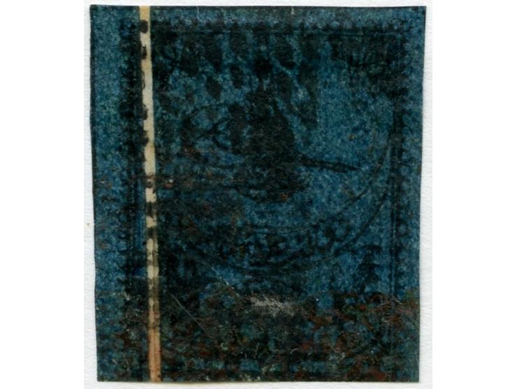 1862, Tughra First Printing, 2 pia. black on thin deep blue paper,variety ‘natural pre printing paper fold’', light and clear