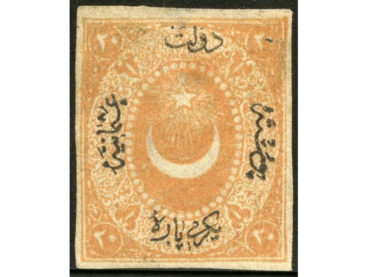 1867, 20 para orange yellow, imperforated colour trial proof, no gum. Tiny thin on top, otherwise fine. (Isfila 39ER20)