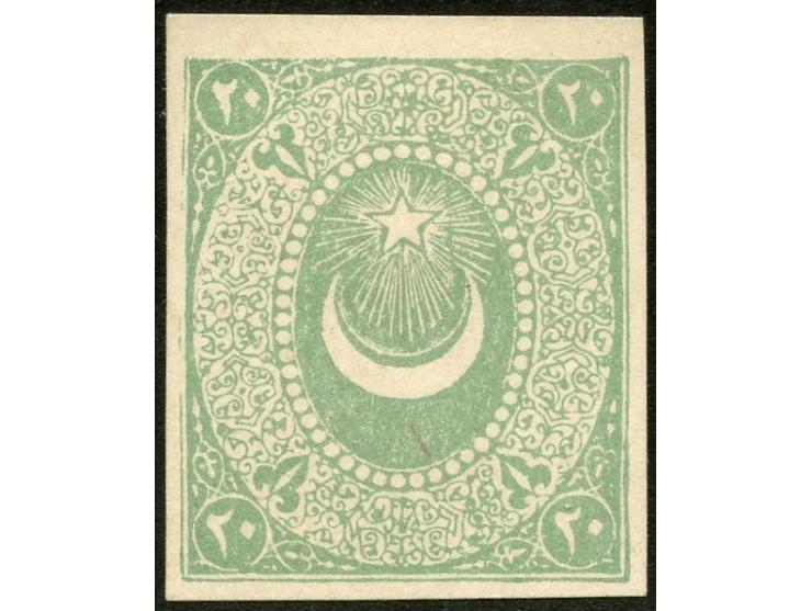 1875, 20 para dull green, imperforated colour trial proof on cardboard without overprint, wide margins, unused no gum, very f