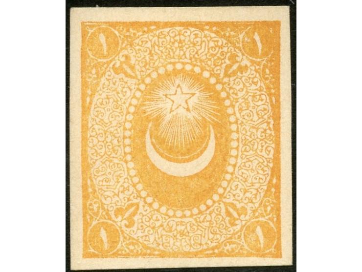 1876, 1 piaster orange-yellow, imperforated colour trial proof on cardboard without overprint, wide margins, unused no gum, v