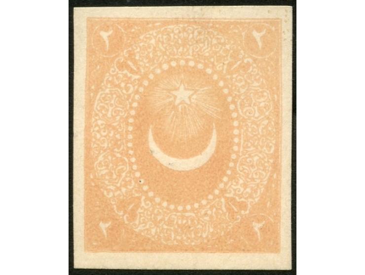 1881, 2 piaster flesh, imperforated colour trial proof on cardboard without overprint, wide margins, unused no gum, very fine