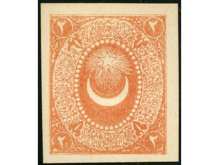 1868, 2 piaster brick, imperforated colour trial proof on cardboard without overprint, wide margins, unused no gum, very fine
