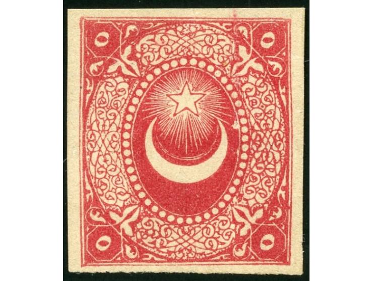 1865, 5 piaster carmine, imperforated colour trial proof on cardboard without overprint, wide margins, unused no gum, very fi