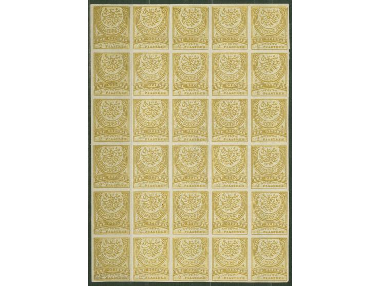 1884, Crescent issue 2 pia. brownish-yellow on yellow, imperforate block of 30, top row unused with hinge, others (25) mint n