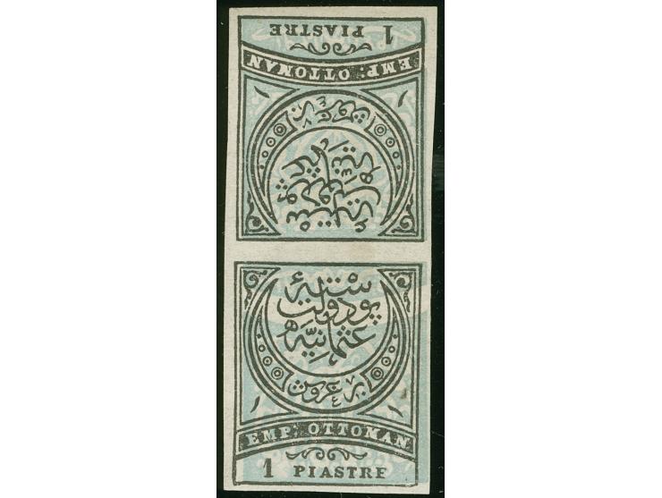 1881, Crescent issue 1 pia. black on pale blue, imperforate tete-beche pair, one stamp showing inverted background print, unu