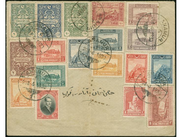 1930, Atatürk issue 14 stamps up to 50 krs. carmine black and Genoa issue postage due 4 stamps up to 5 krs. tied to cover by 