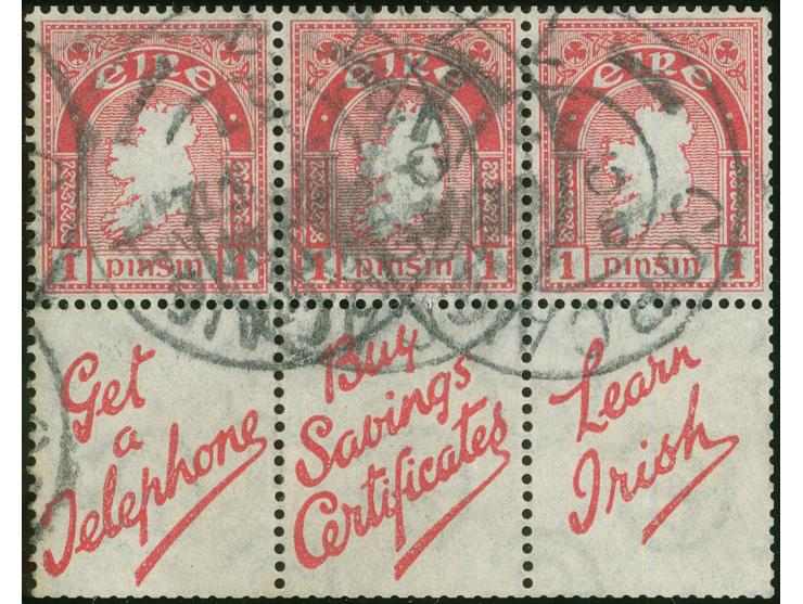1922, 1 p. carmine-rose, Booklet Pane of three stamps and labels, clear cancelled, well-centered for this, fresh color and fi