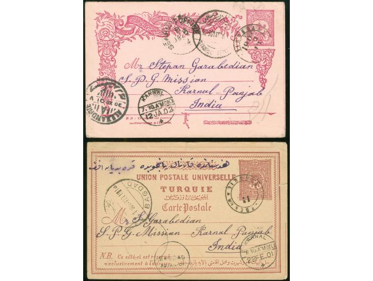 1901/02, OVERLAND MAIL &amp; SHIP MAIL: two Turkey postal stationery cards cancelled DIARBEKIR TURQUIE following different ro