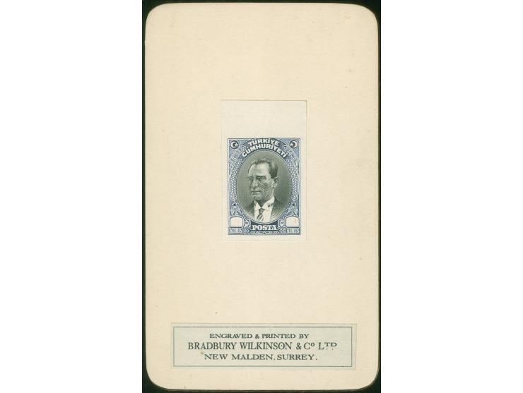1930, Atatürk unadopted Essay for 5th. London Printing, blue &amp; black without value, imperf with top margin mounted on Bra