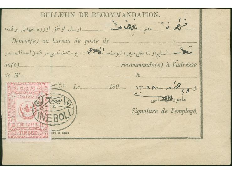 1902 (ca.), “INEBOLI” in black, very clear on Bulletin de Recommandation bearing 10 Pa. revenue stamp, very fine and scarce.
