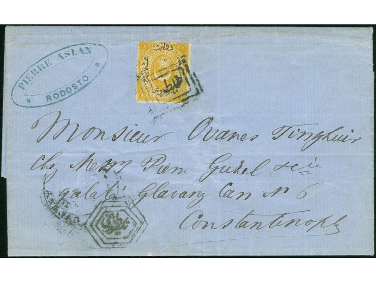 1871, Folded envelope cancelled with very clear "TEKFURDAGI 81" cancellation (Isfila no.2, R, Rodosto), franking 1 pia. yello