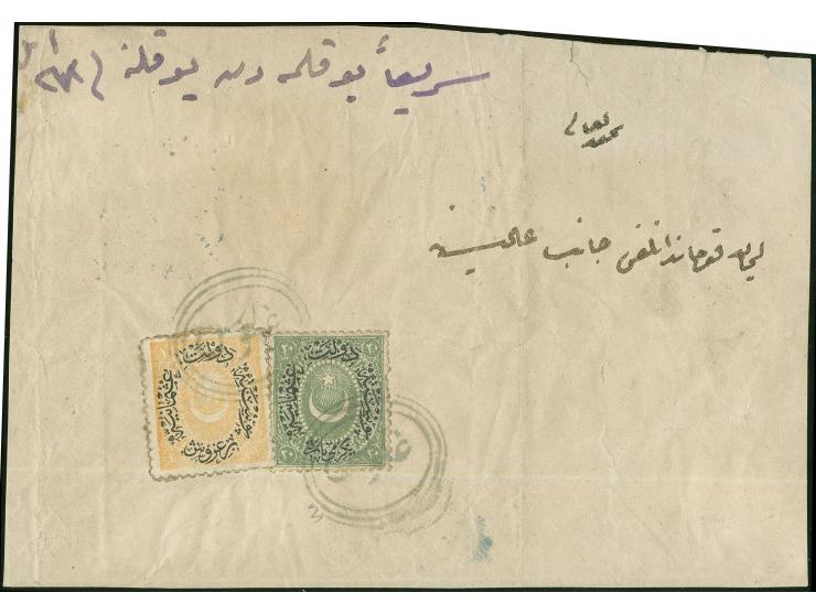 1875, 20 para green and 1 pia. yellow tied by clear "GOLOS" (Isfila no.1, RR) triplering cancellation to Constantinopel with 