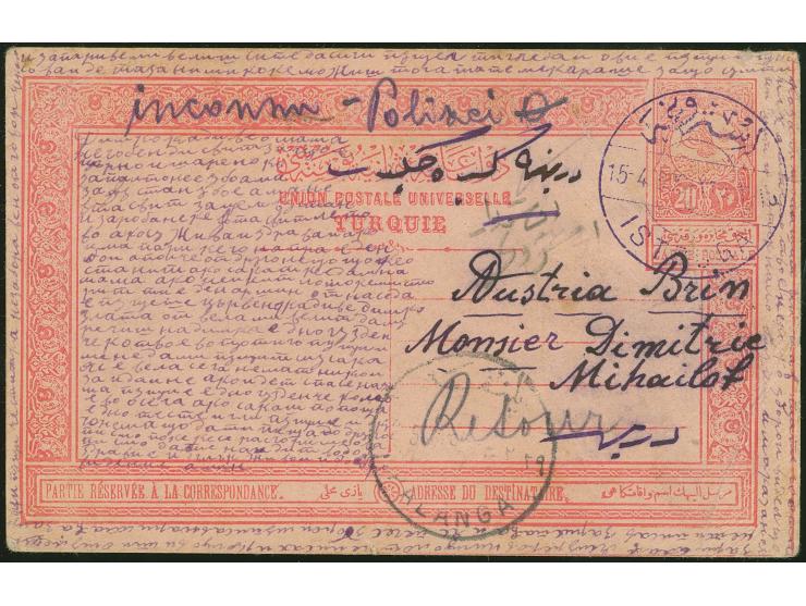 1909, 20 Para rose postal stationery card used from Stroga to Austria with violet "ISTROGA" cds. (Isfila no.2, RR) transit bi