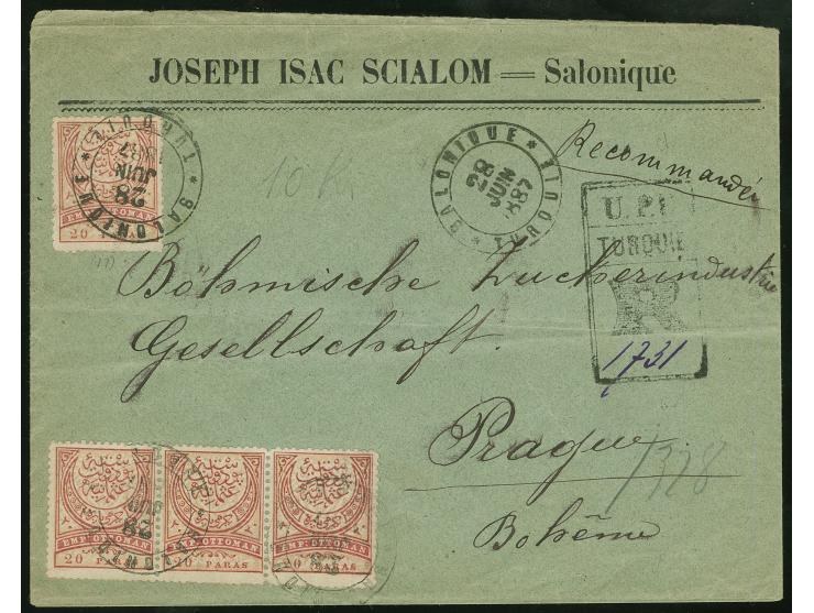 1887, crescent issue 20 para carmine rose, strip of three and single tied to registered cover with commercial imprint by "Sal