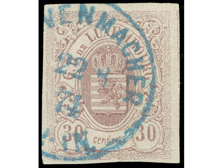 "GREVENMACHER 22 8 72", c.d.s. in blue, clear strike on 1859, 30 c. lilac, clear to large margins, tiny faults. Ex Seligson&n