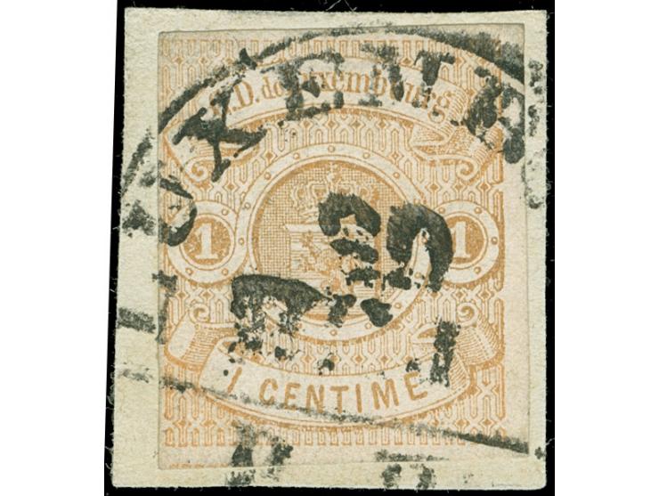 "LUXEMBURG P.D." on 1859, 1 c. brown, clear to large margins, on small piece, signed Goebel