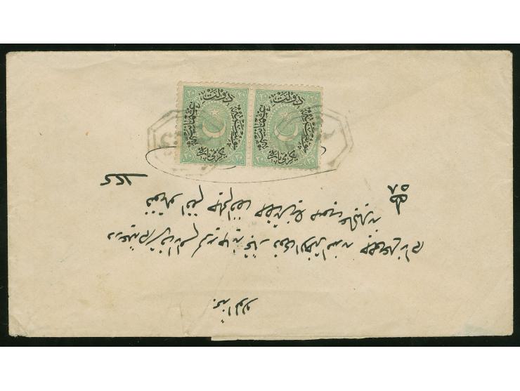 1878, 20 para green pair, tied by arabic cancellation "KANDIYA" (Isfila no.1) to cover from KANDIA to Istanbul, very fine and