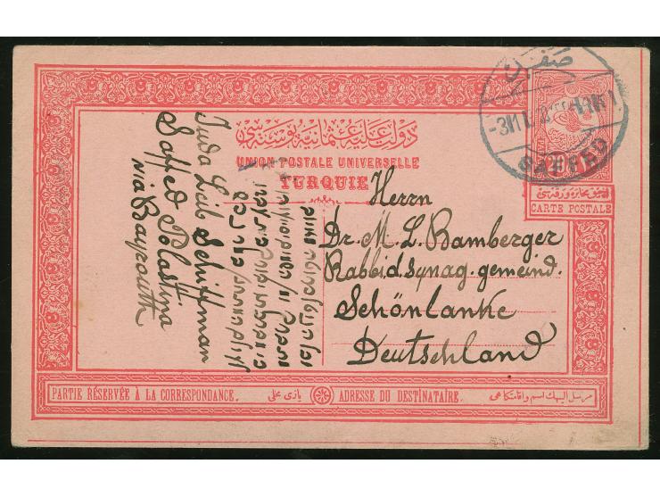 1910, Turkey 1908 20 pa. rose postal stationery card cancelled by good strike of bilingual SAFFED datestamp (Coles-Walker fig