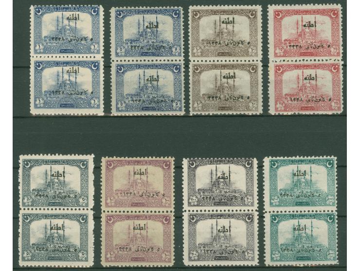 1922, Second Adana Issue complete set of eight values in vertical pairs, one stamp in every pair showing variety “3338” overp