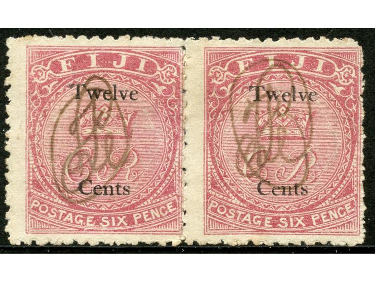 1872, 12 d. on 6 d. carmine-rose, pair unused, stamps initialled to prevent fraud by another party, watermark letters “FIJ”(p