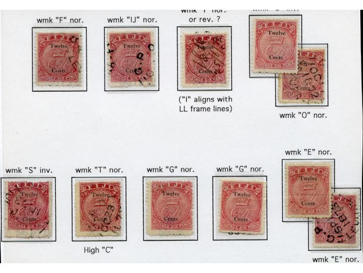 1872, 12 d. on 6 d. carmine-rose, 7 used and 4 unused stamps, showing watermark letters normal and inverted, few short perfor