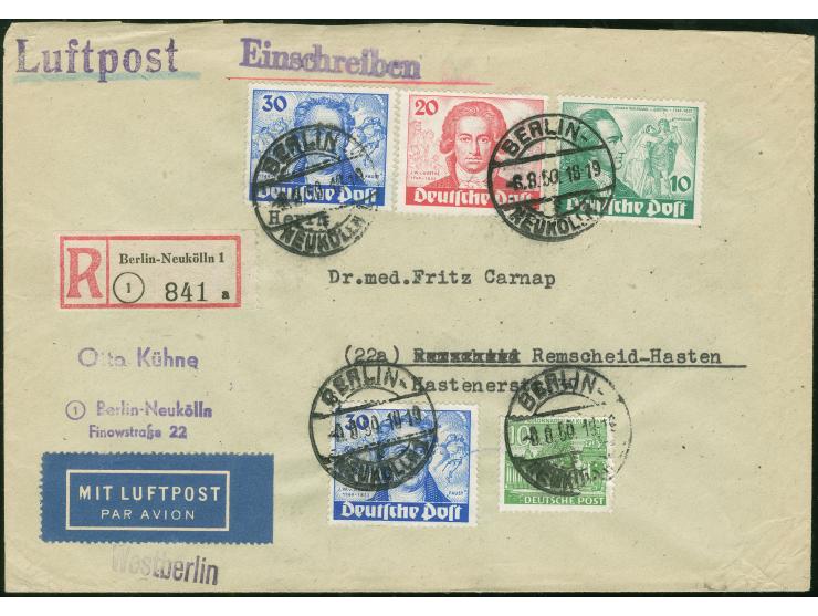 1949, Goethe 10-30 Pfg. kpl. mit weiterer Goethe 30 Pfg. und Bauten 10 Pfg. je mit Stempel “BERLIN-NEUKÖLLN 1 6.8.50” als por