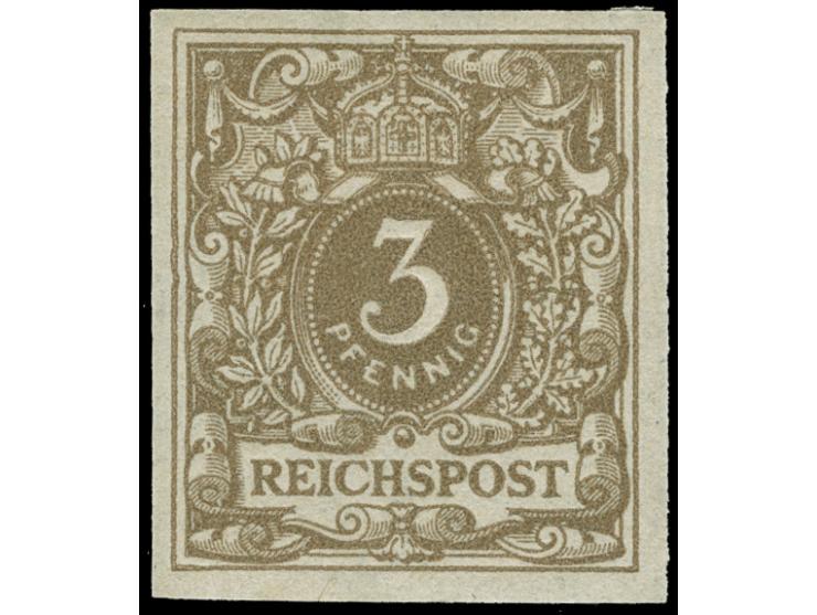 1892/93, Krone/Adler, 3 Pfennig mittelbraun, ungezähnter Probedruck, ungebraucht, tadellos&nbsp;
