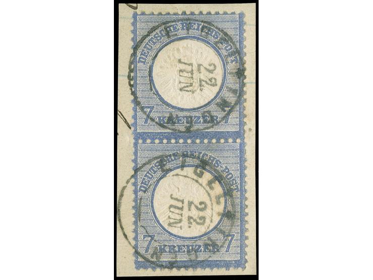 1872, großer Schild, 7 Kr. grauultramarin, senkrechtes Paar, klar mit nachverwendetem badischen K2 “EIGELTINGEN 22 JUN” entwe